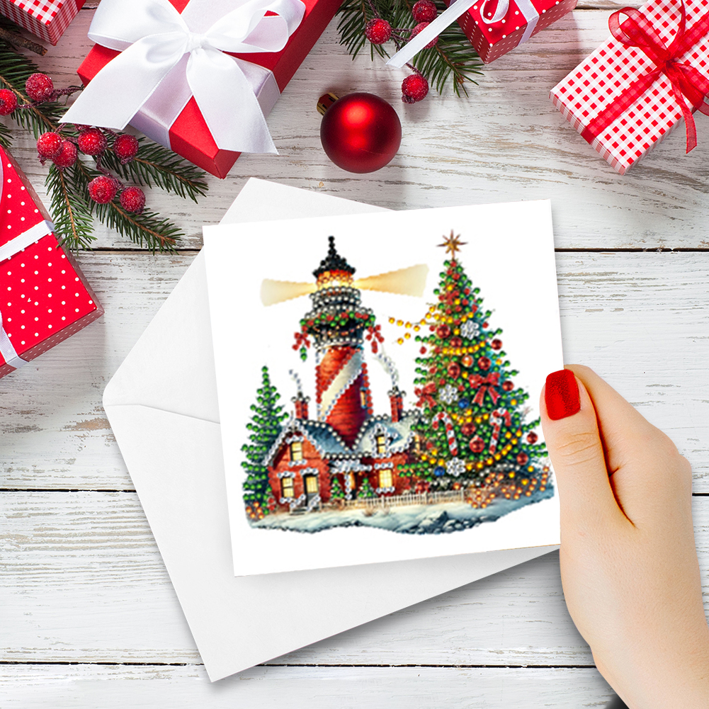 6Pcs DIY Diamond Painting Greeting Card - Xmas Lighthouse & Gift