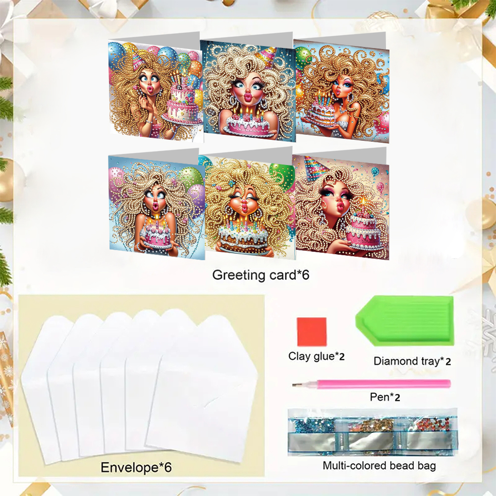 6Pcs DIY Diamond Painting Greeting Card - Birthday Beauty