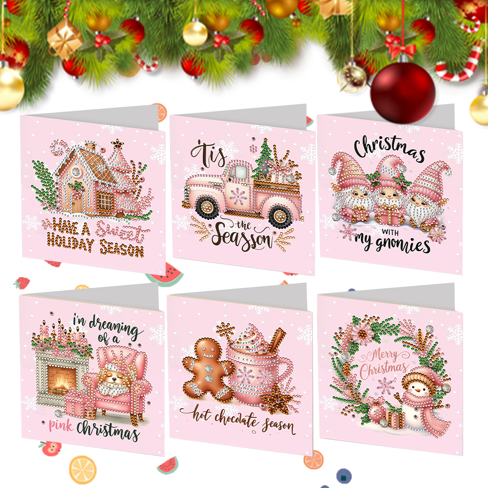 (Limited Stock)6Pcs DIY Diamond Painting Greeting Card - Pink Christmas