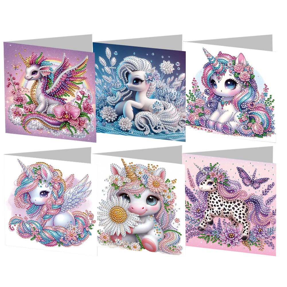 6Pcs DIY Diamond Painting Greeting Card - Rainbow White Horse