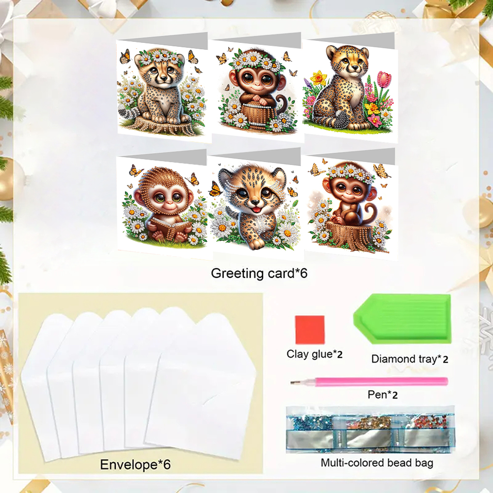 6Pcs DIY Diamond Painting Greeting Card - Tiger Monkey