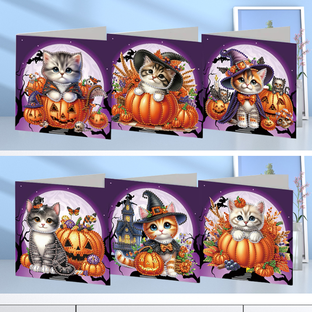 (Limited Stock)6Pcs DIY Diamond Painting Greeting Card - Halloween Cat
