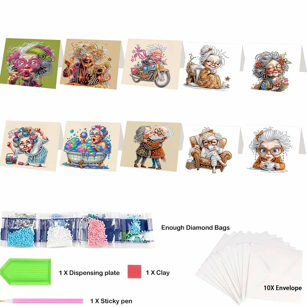 10Pcs DIY Diamond Painting Greeting Card - Old Lady
