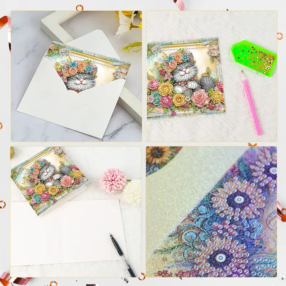 6Pcs DIY Diamond Painting Greeting Card - Cat Garden