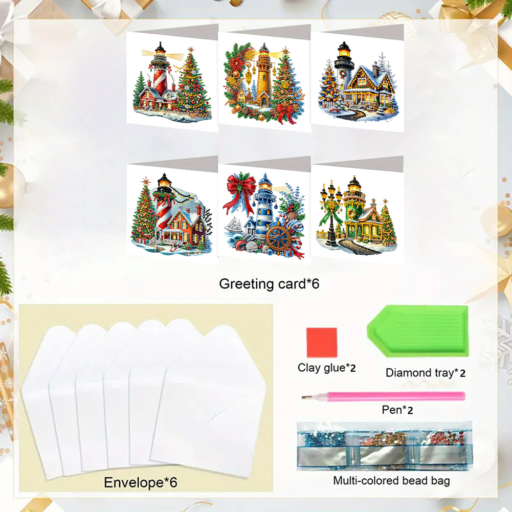 6Pcs DIY Diamond Painting Greeting Card - Xmas Lighthouse & Gift