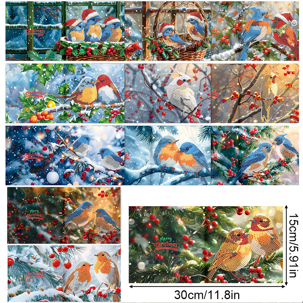 12Pcs DIY Diamond Painting Greeting Card -  Christmas Bird
