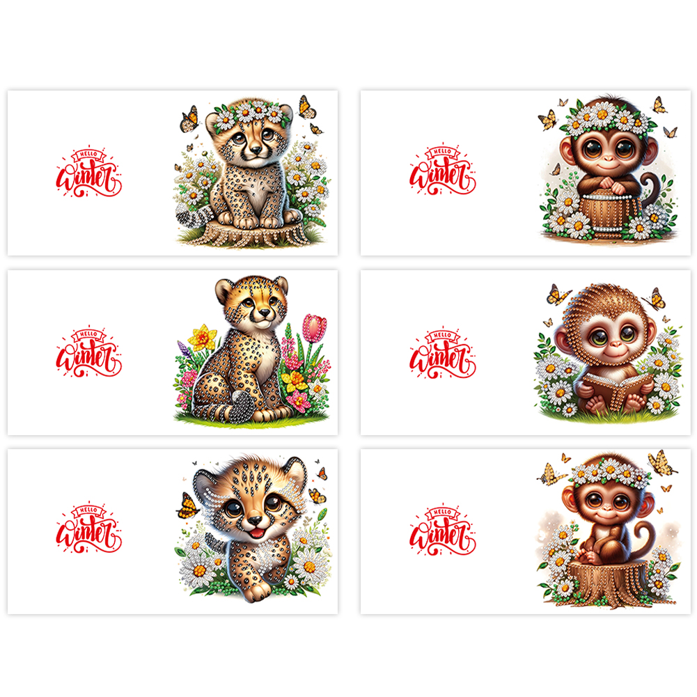 6Pcs DIY Diamond Painting Greeting Card - Tiger Monkey