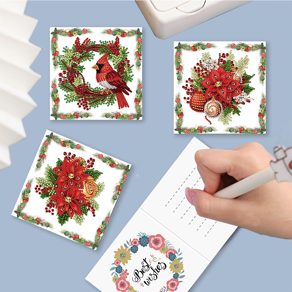 6pcs DIY Diamond Painting Greeting Card - Christmas Red Flower