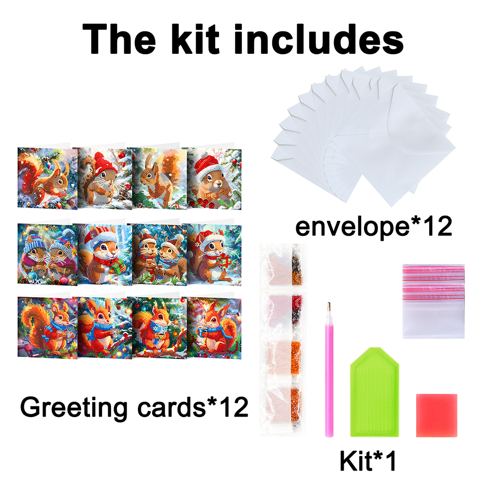 12Pcs DIY Diamond Painting Greeting Card -  Christmas Squirrel