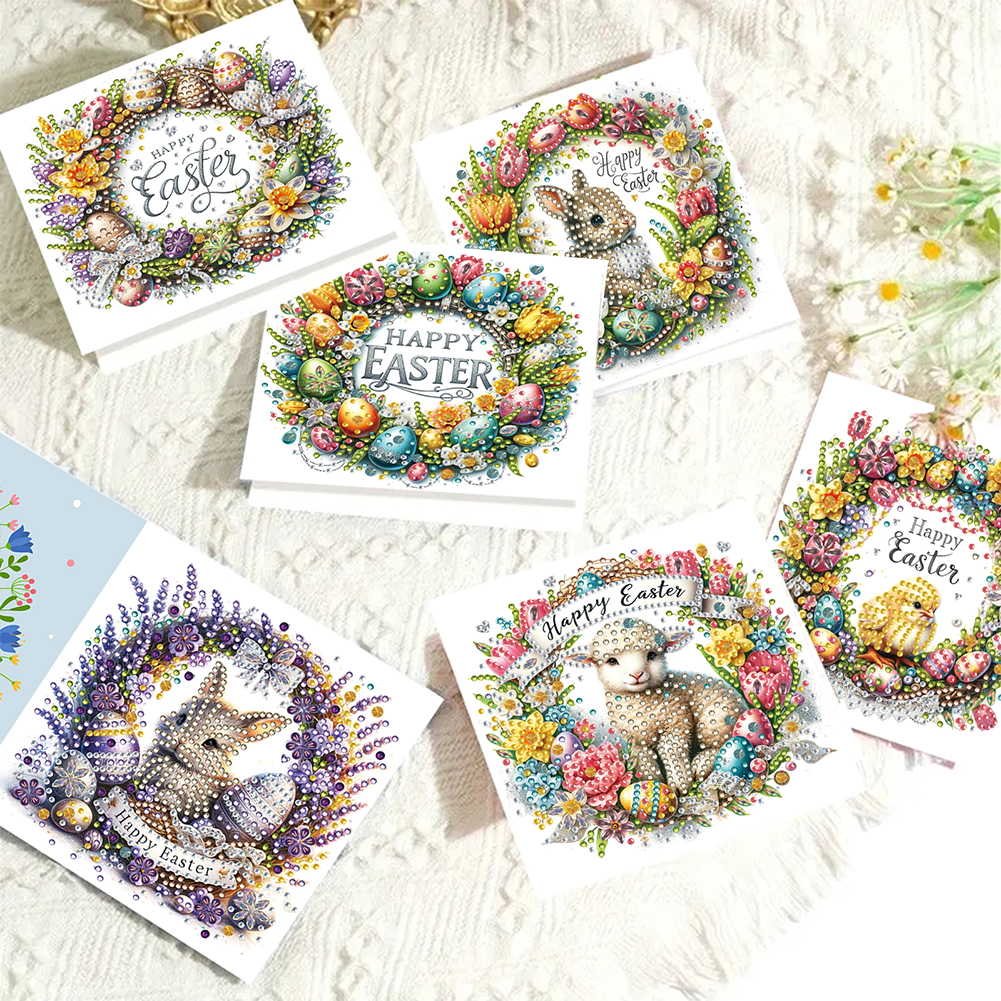 6Pcs DIY Diamond Painting Greeting Card - Easter Bunny Wreath