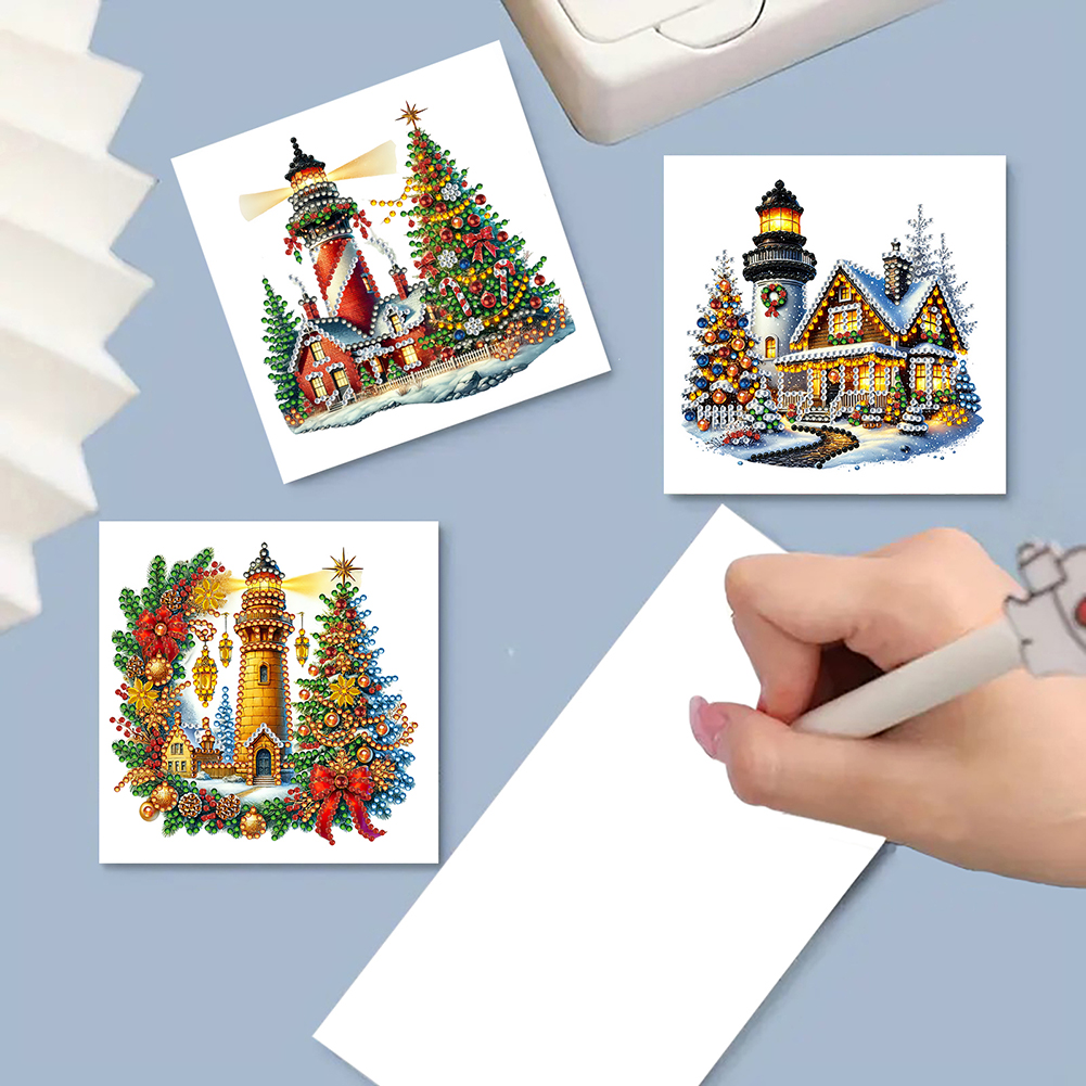 6Pcs DIY Diamond Painting Greeting Card - Xmas Lighthouse & Gift