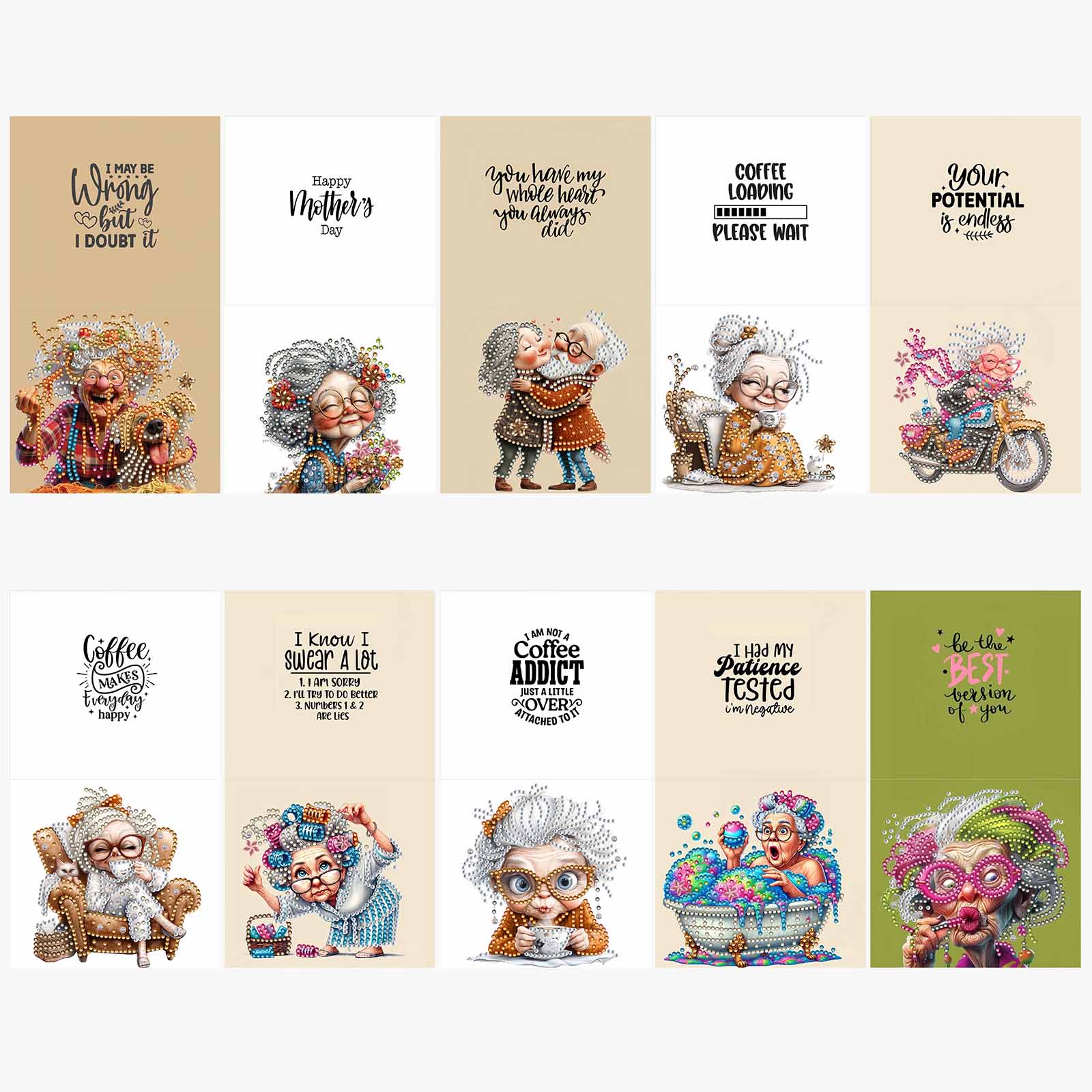 10Pcs DIY Diamond Painting Greeting Card - Old Lady