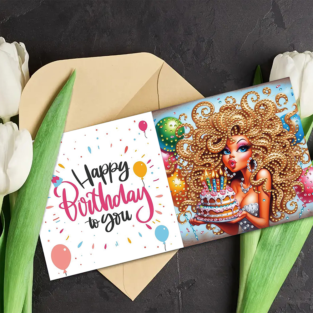 6Pcs DIY Diamond Painting Greeting Card - Birthday Beauty