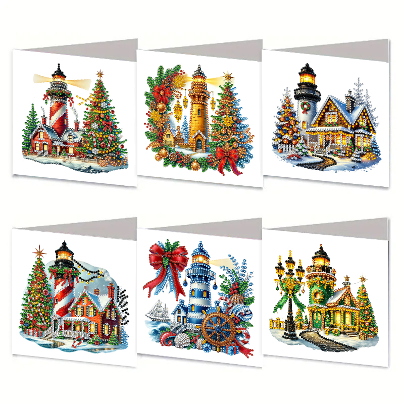6Pcs DIY Diamond Painting Greeting Card - Xmas Lighthouse & Gift