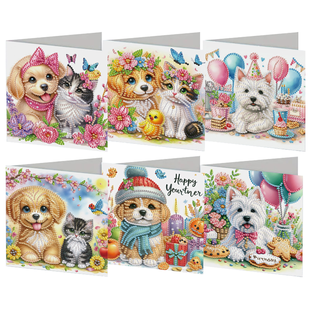6Pcs DIY Diamond Painting Greeting Card - Cat Dog