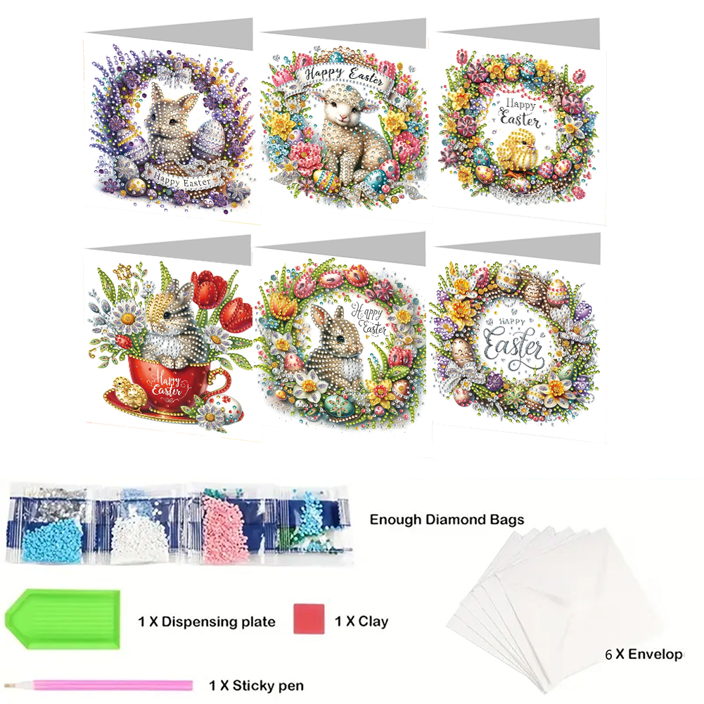 6Pcs DIY Diamond Painting Greeting Card - Easter Bunny Wreath