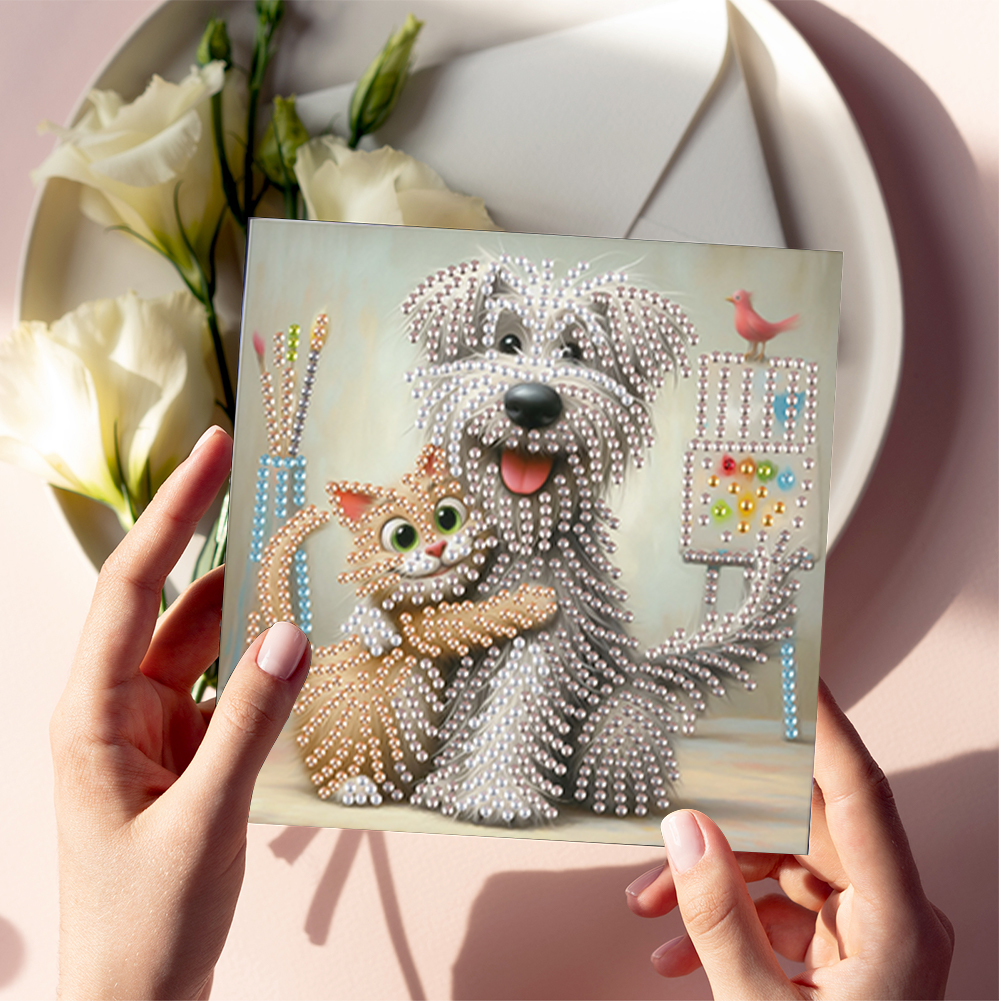 6Pcs DIY Diamond Painting Greeting Card - Cute Cat Dog