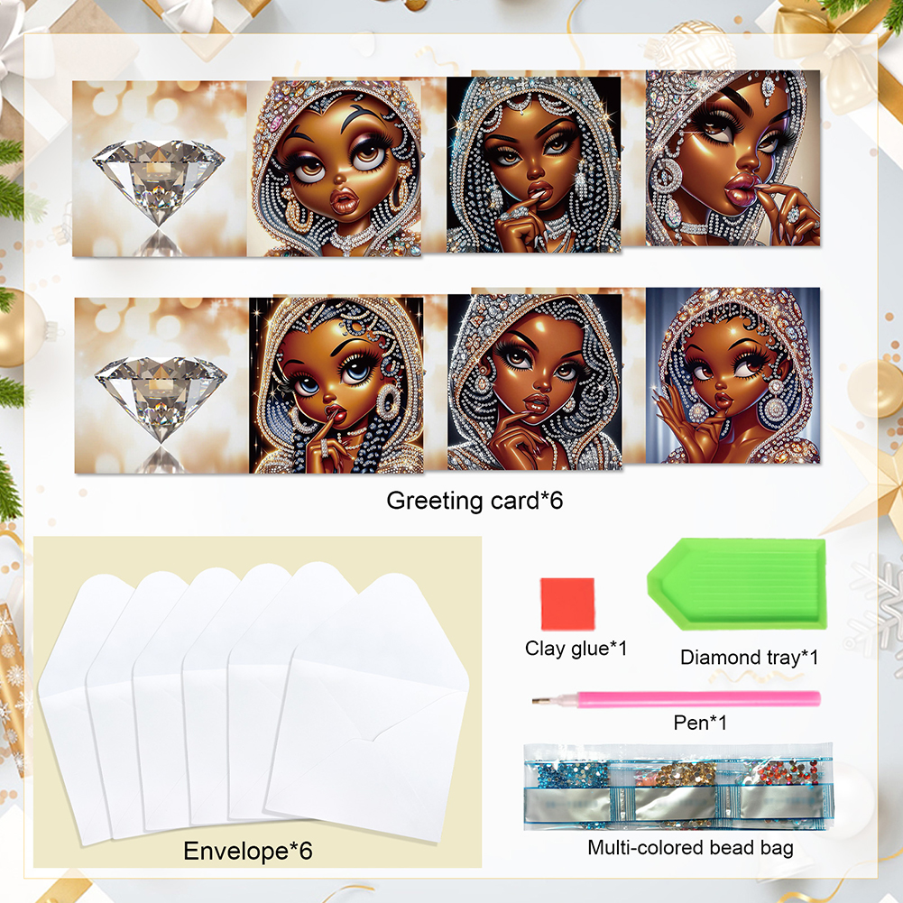 6Pcs DIY Diamond Painting Birthday Greeting Card - Black Girl for Adults