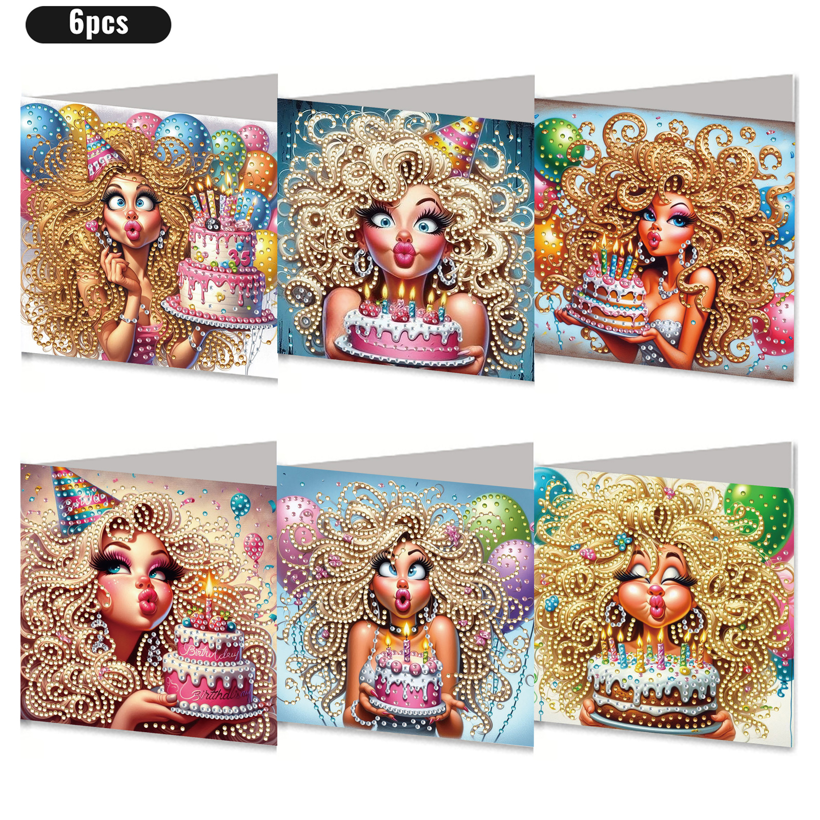 6Pcs DIY Diamond Painting Greeting Card - Birthday Beauty