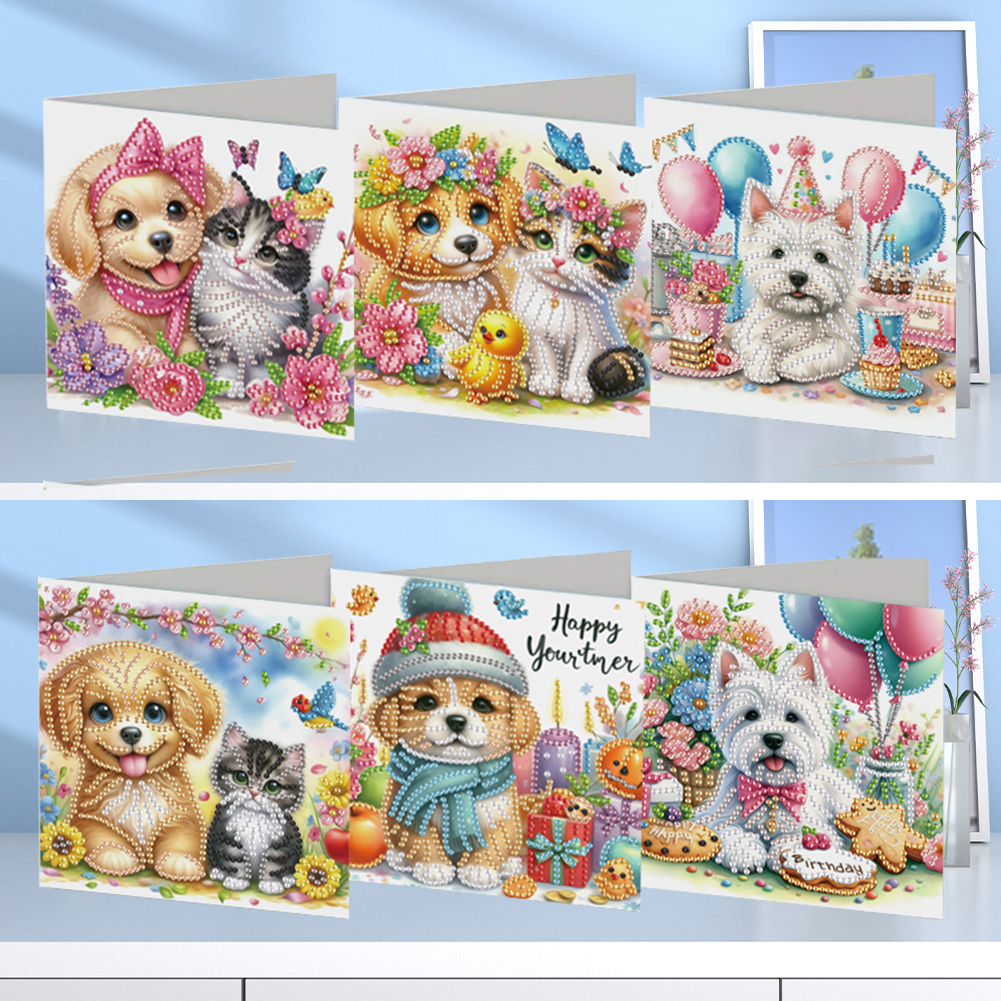 6Pcs DIY Diamond Painting Greeting Card - Cat Dog