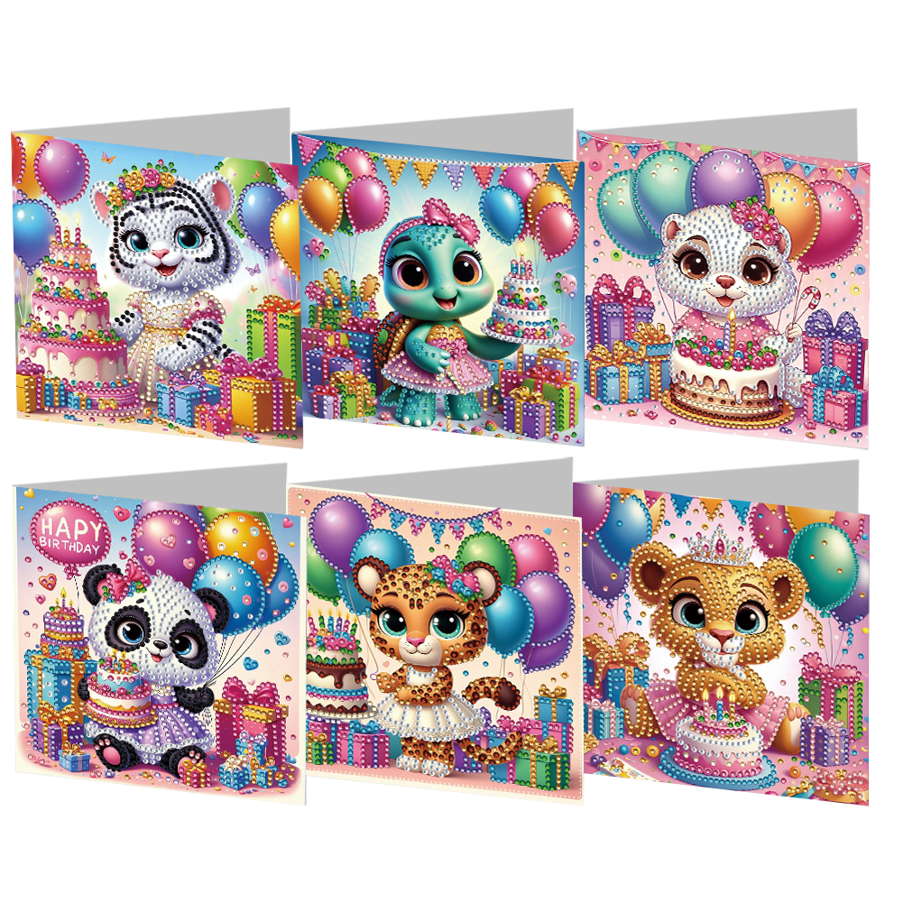 6Pcs DIY Diamond Painting Greeting Card - Animal Birthday