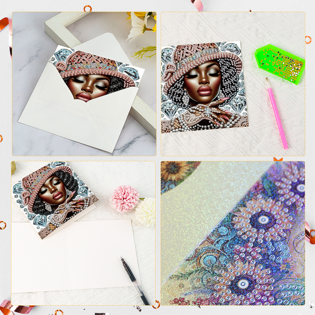 6Pcs DIY Diamond Painting Birthday Greeting Card - Black Woman for Adults