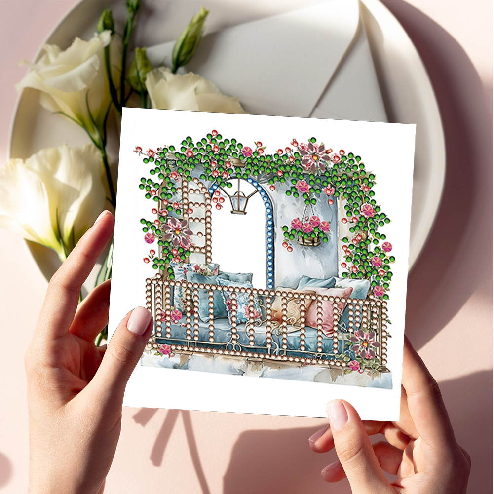 6pcs DIY Diamond Painting Greeting Card - Flower Pavilion