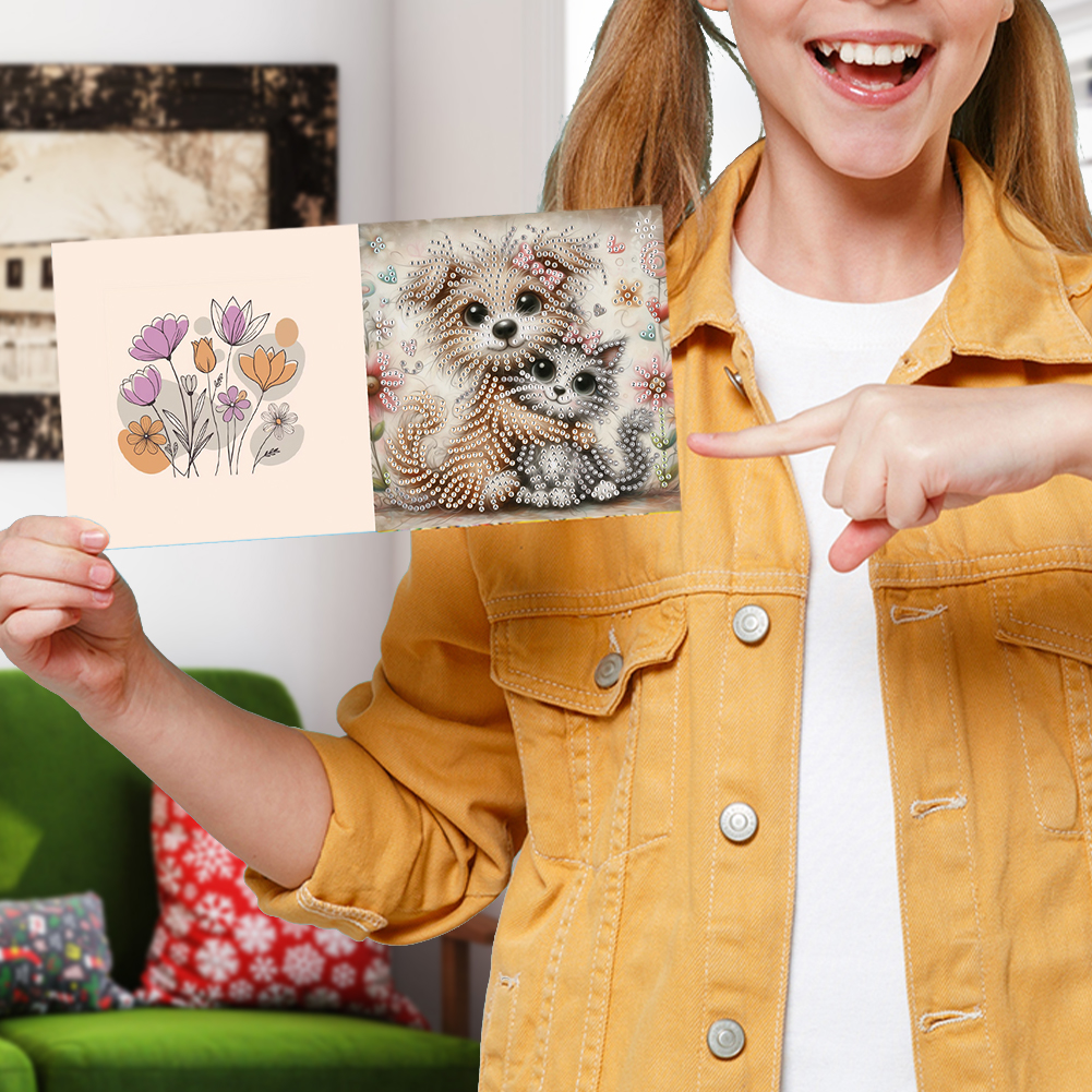6Pcs DIY Diamond Painting Greeting Card - Cute Cat Dog