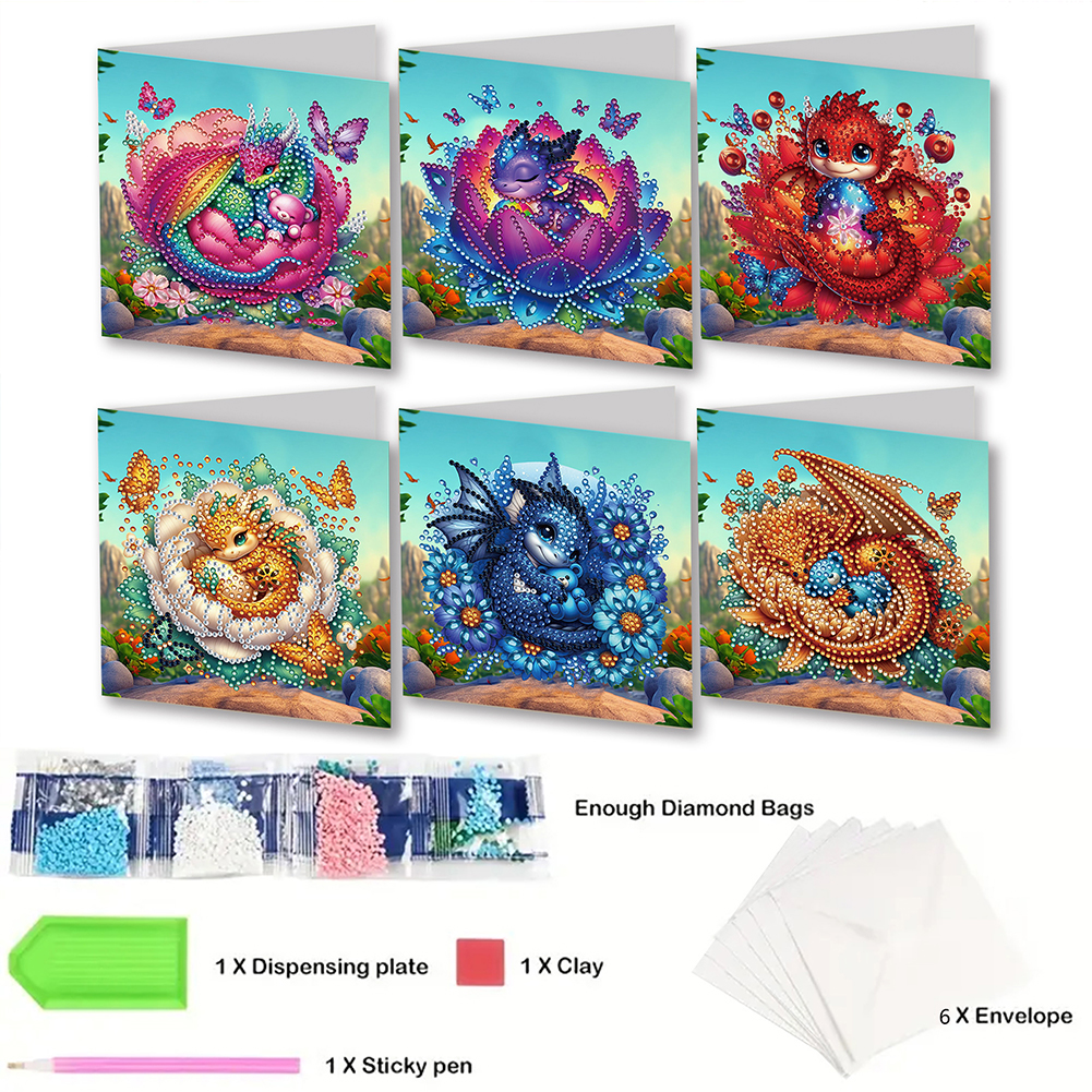 6Pcs DIY Diamond Painting Greeting Card - Bud Dragon