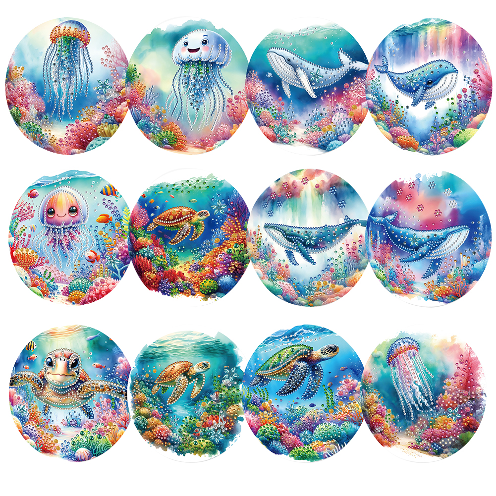 12Pcs DIY Diamond Painting Single-sided Greeting Card - Marine Animal