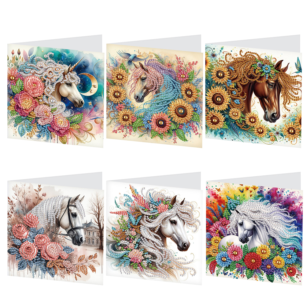 6Pcs DIY Diamond Painting Greeting Card - Flower Horse