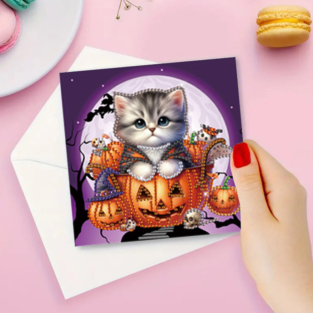 (Limited Stock)6Pcs DIY Diamond Painting Greeting Card - Halloween Cat