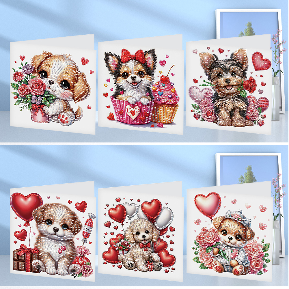 6Pcs DIY Diamond Painting Greeting Card - Flower Puppy