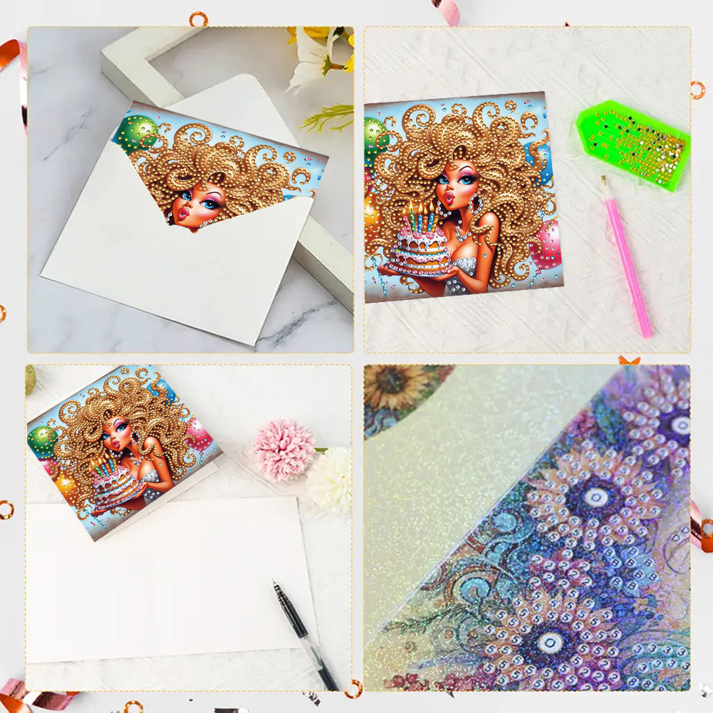 6Pcs DIY Diamond Painting Greeting Card - Birthday Beauty