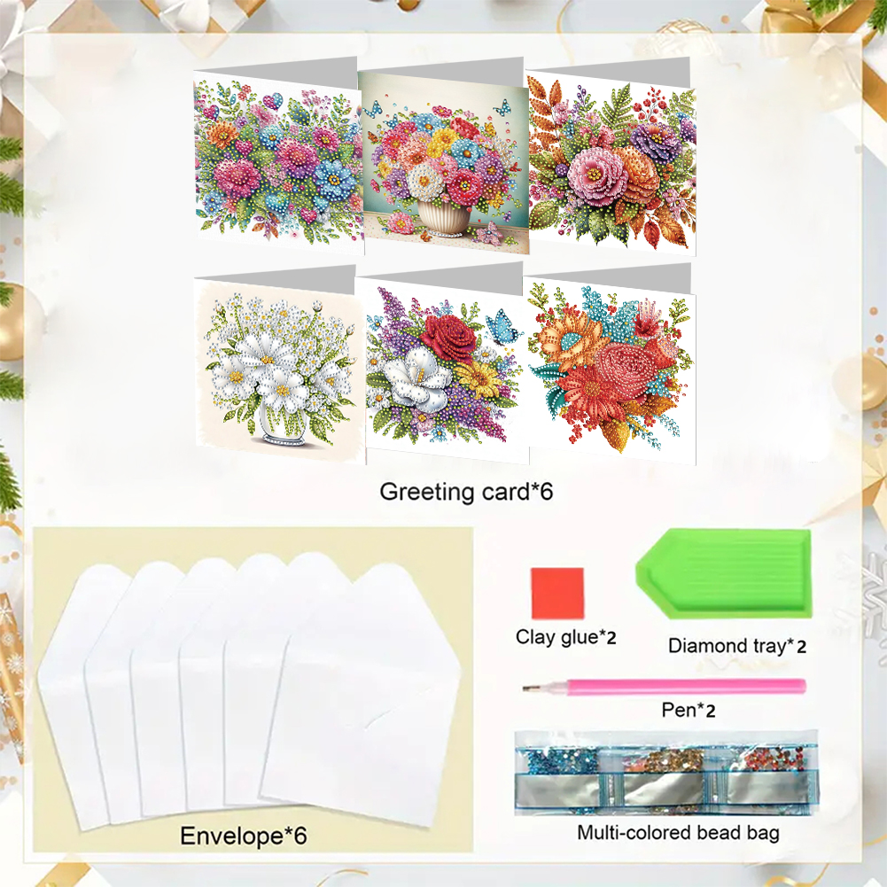 6Pcs DIY Diamond Painting Greeting Card - Flowers