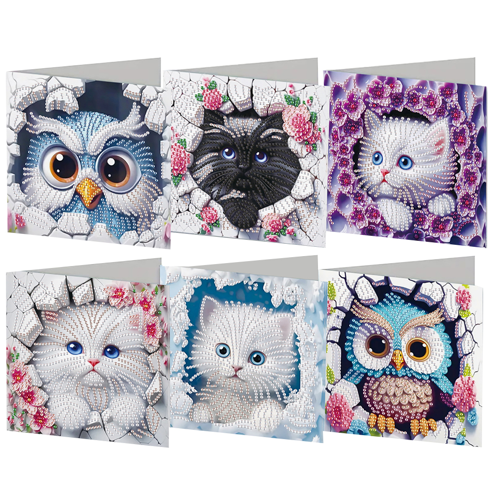 6Pcs DIY Diamond Painting Greeting Card - Owl Cat
