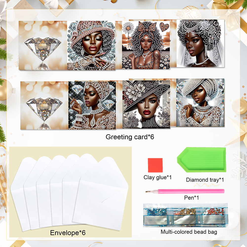 6Pcs DIY Diamond Painting Birthday Greeting Card - Black Woman for Adults