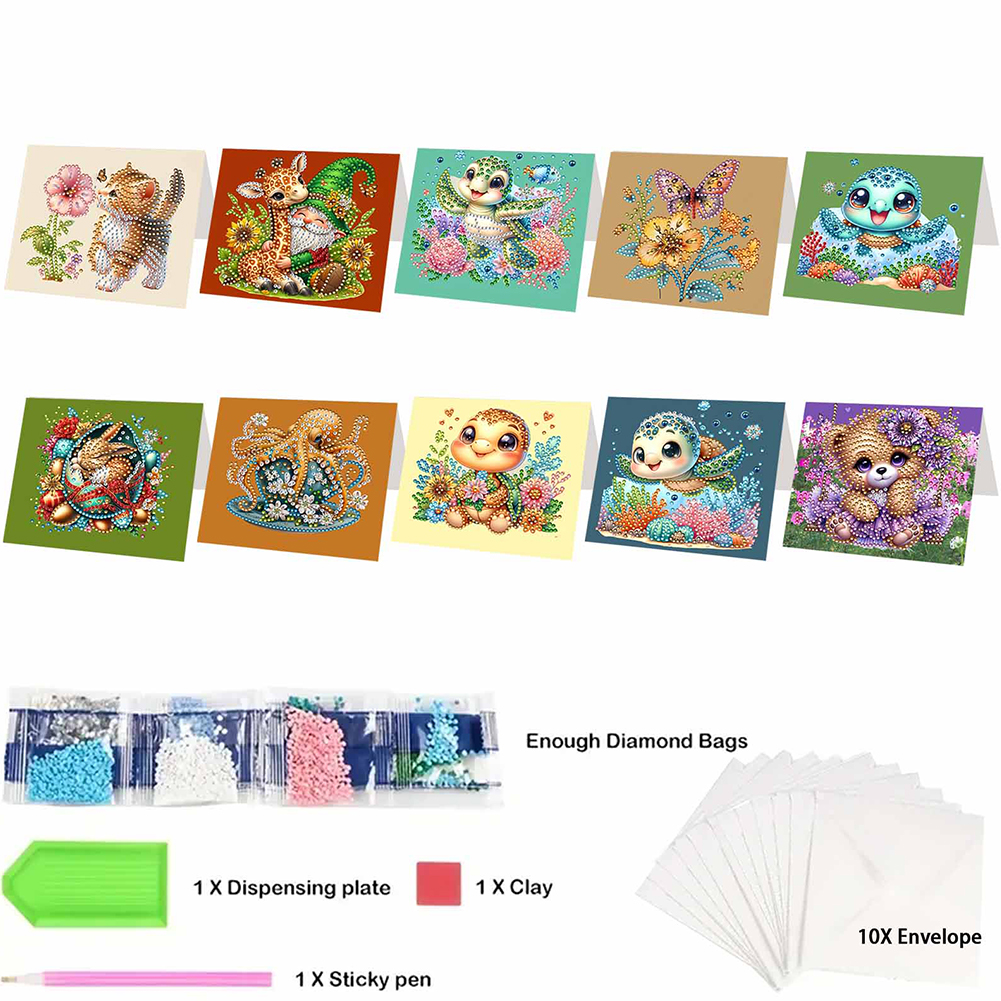 10Pcs DIY Diamond Painting Greeting Card - Animals