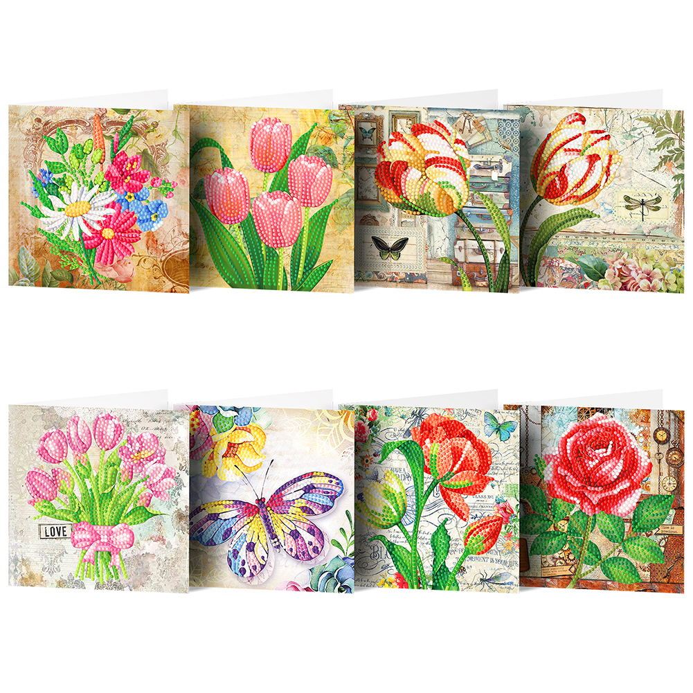 8pcs 5D DIY Special-Shape Diamond Painting Spring Flower Greeting Card