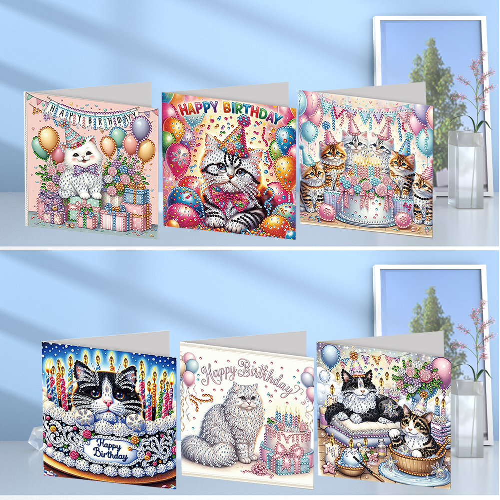 6Pcs DIY Diamond Painting Birthday Birthday Greeting Card - Birthday Cat