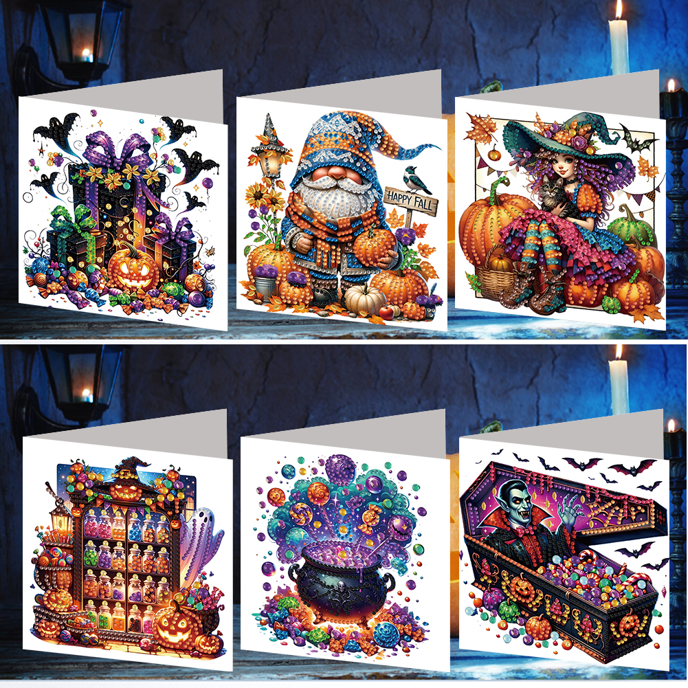 6Pcs DIY Diamond Painting Greeting Card - Halloween Designs
