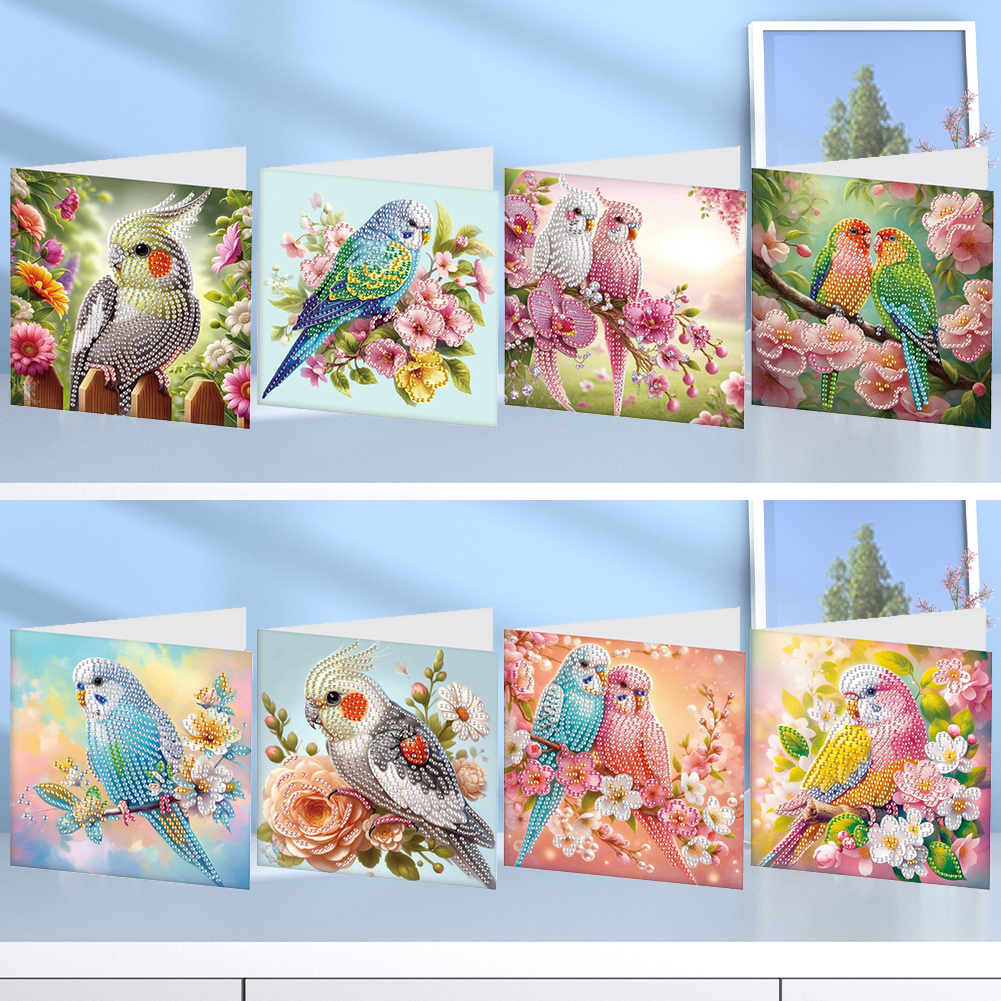 8Pcs DIY Diamond Painting Greeting Card - Bird Flower
