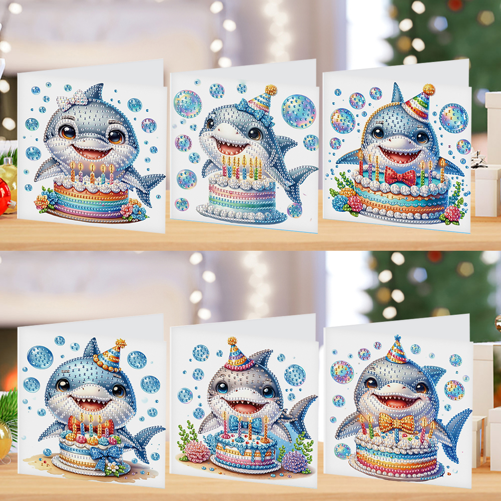 6Pcs DIY Diamond Painting Birthday Greeting Card - Shark for Family Friends