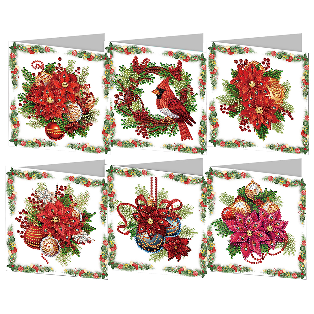 6pcs DIY Diamond Painting Greeting Card - Christmas Red Flower