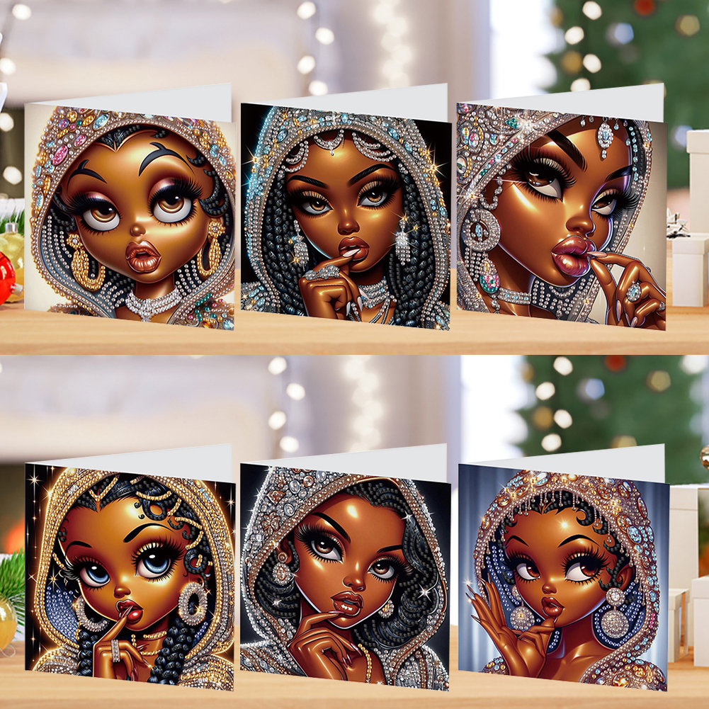 6Pcs DIY Diamond Painting Birthday Greeting Card - Black Girl for Adults