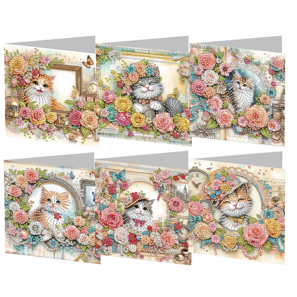6Pcs DIY Diamond Painting Greeting Card - Cat Garden