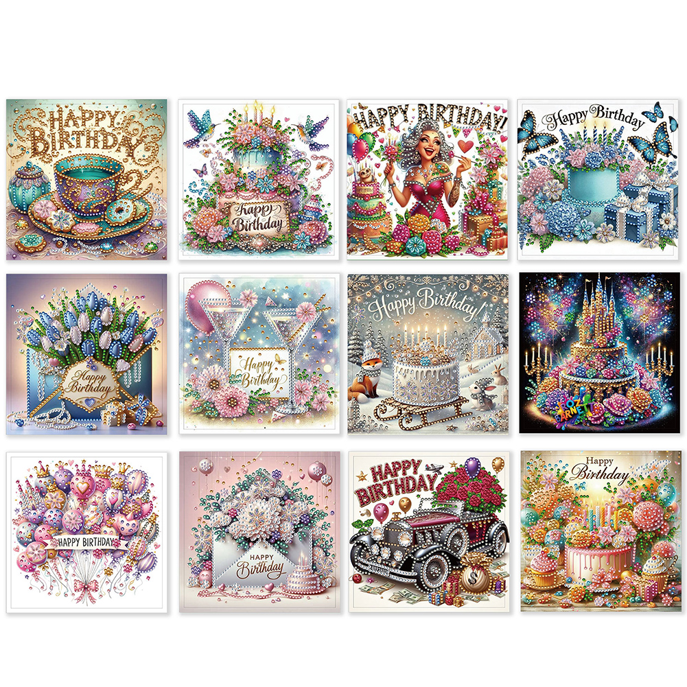 12Pcs DIY Diamond Painting Single-sided Greeting Card - Birthday