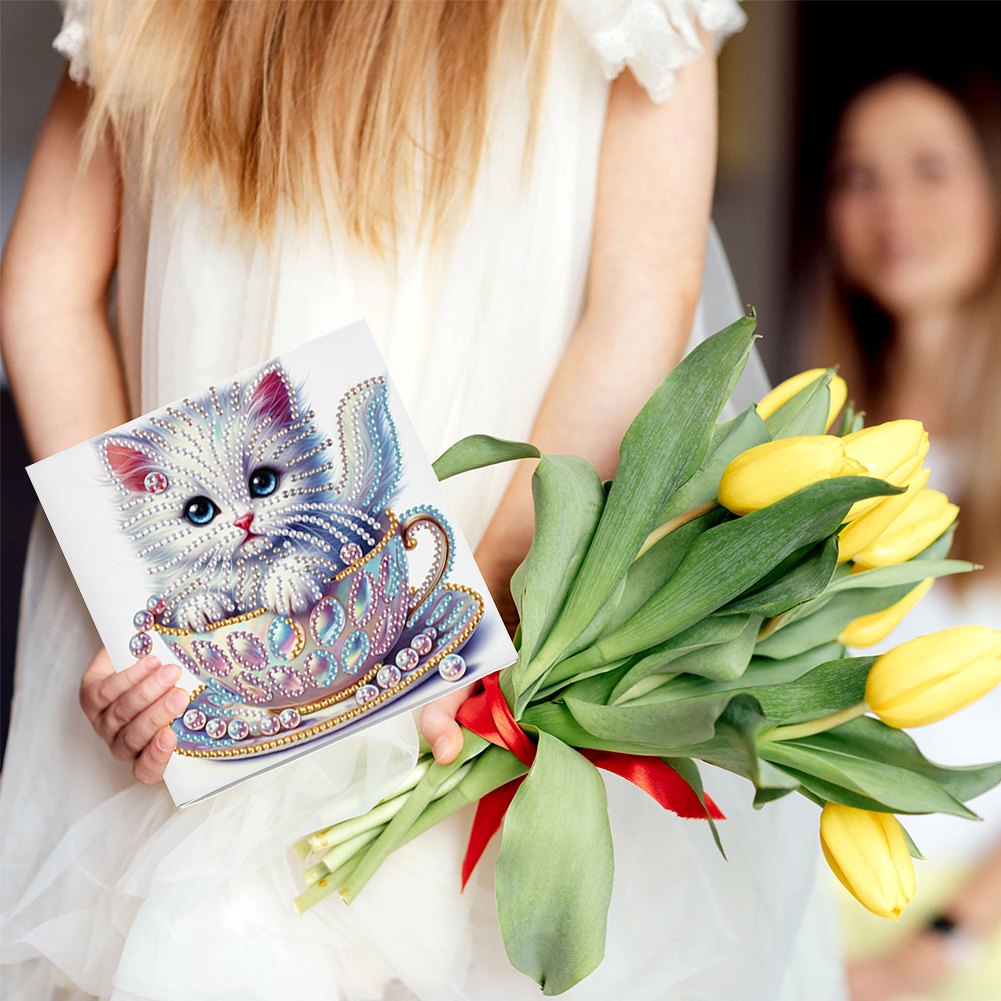 6Pcs DIY Diamond Painting Greeting Card - Teacup Cat
