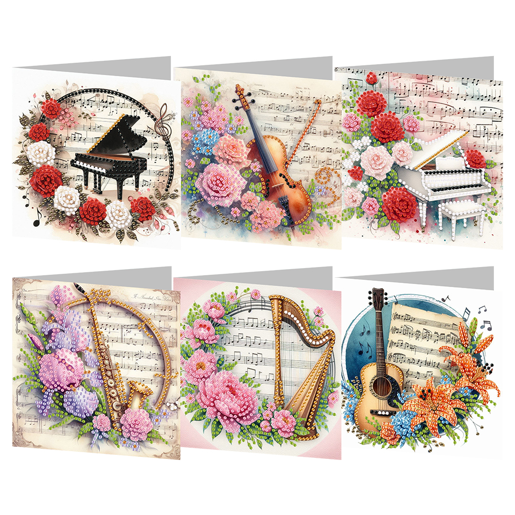 6Pcs DIY Diamond Painting Greeting Card - Musical Instrument And Flowers