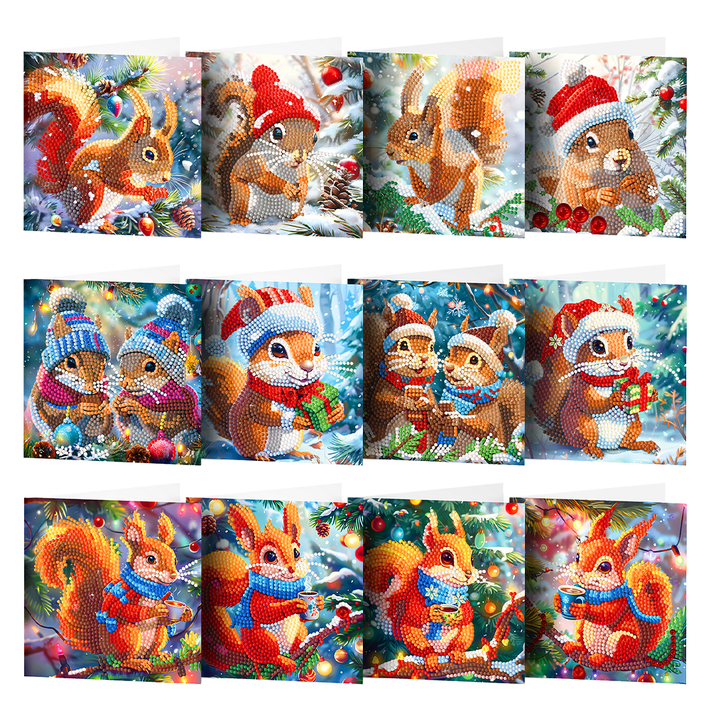 12Pcs DIY Diamond Painting Greeting Card -  Christmas Squirrel